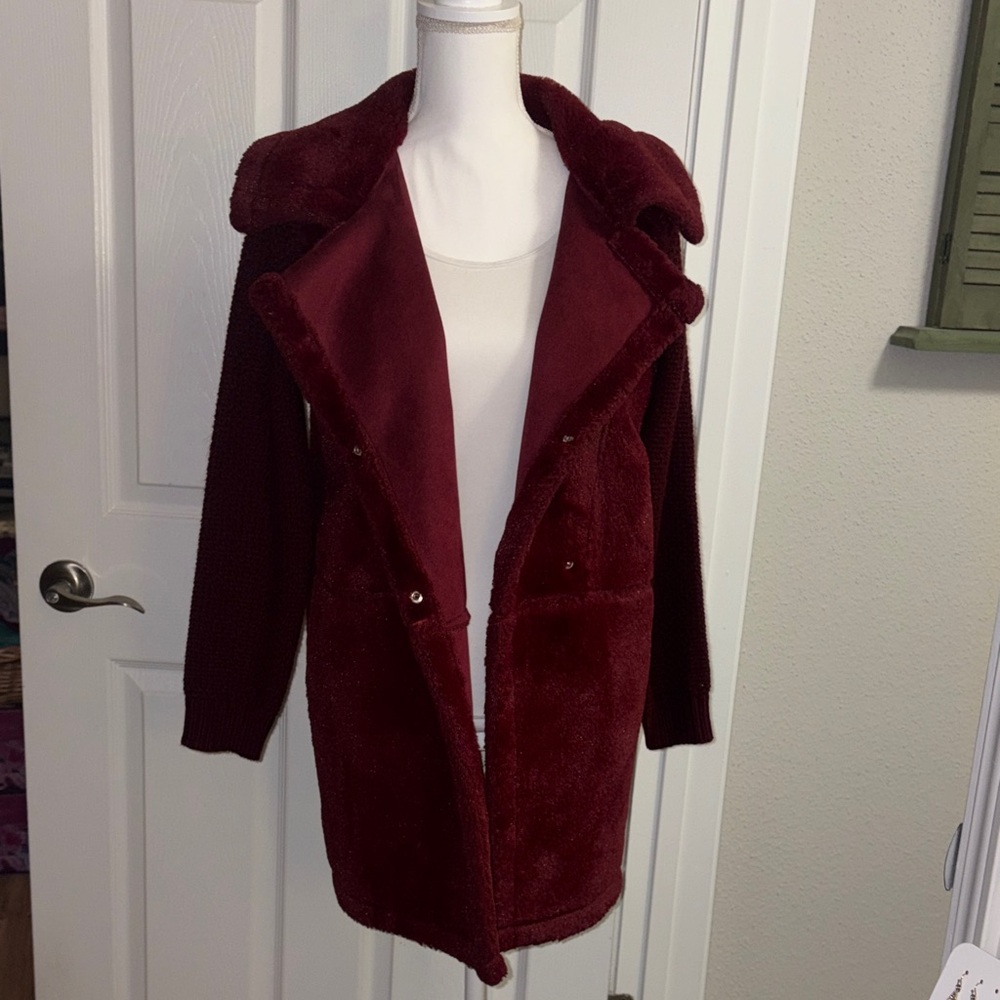 Burgundy Faux Fur and Knit Sweater Coat - Picture 2 of 16